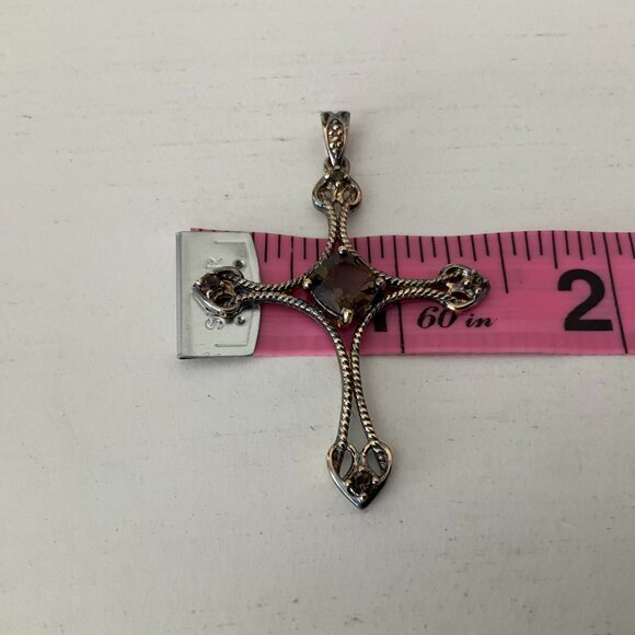 Vintage Smoky Quartz sterling and vermeil ornate cross pendant - Picture 5 of 6